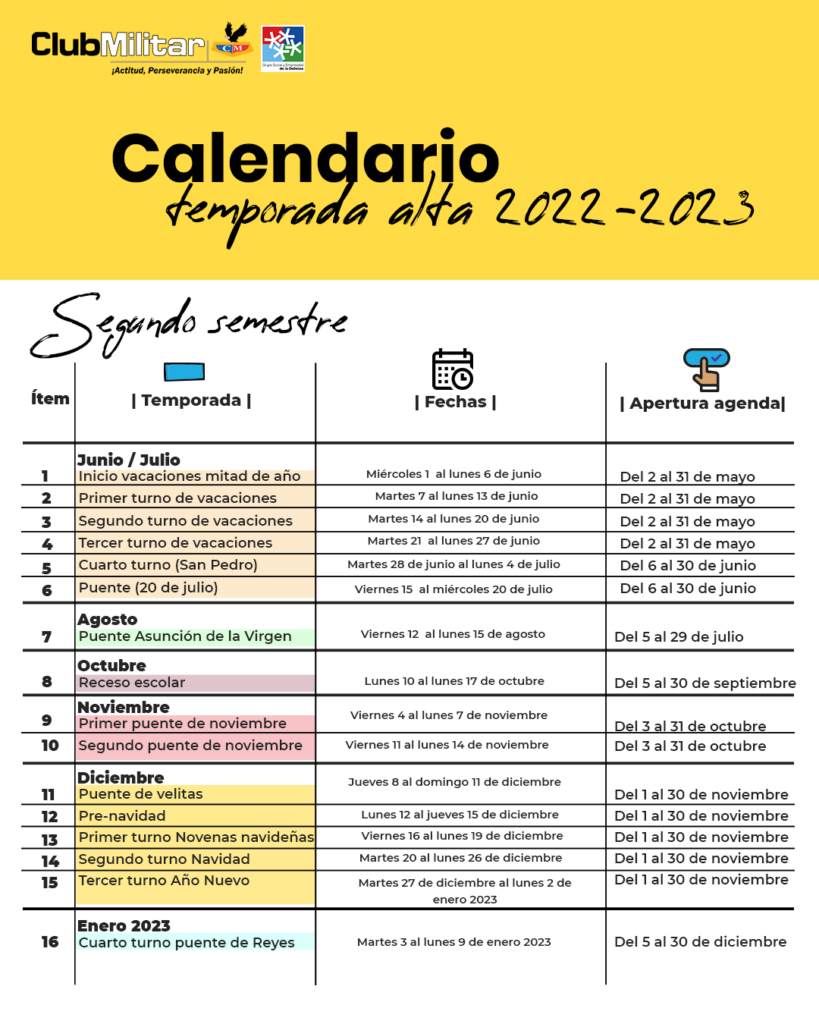 Calendario temporada alta 20222023 Club Militar